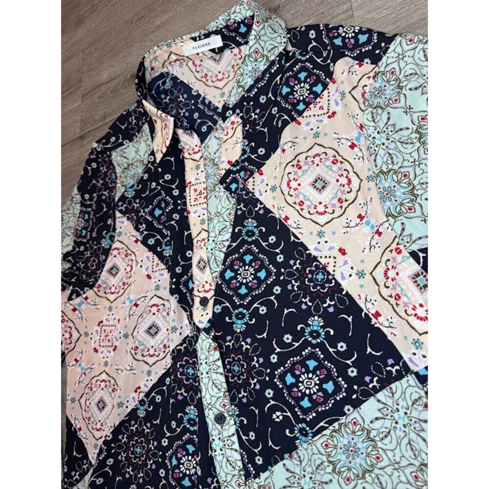 Patchwork Print Button Front Long Sleeve Blouse Boho XL